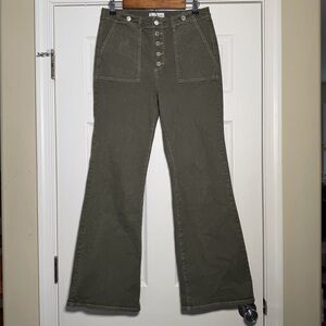 Olive Green Spring Fall Slim Flare Button Up Jeans Pants